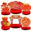 6 Pcs Chinese New Year Honeycomb Centerpieces – Red & Gold Table Topper Decorations